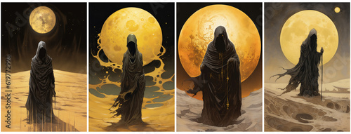 in obsidian and gold style, occult symbols, dust and sand, arabic persian hashashin, otherworldly. Moon in the background and a mystical spirit set in the front. Created with Generative AI technology.