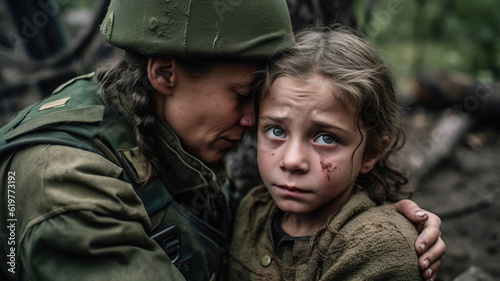 Foto Ukrainian Soldier holds a child refugee little girl sad from being forced to flee her home