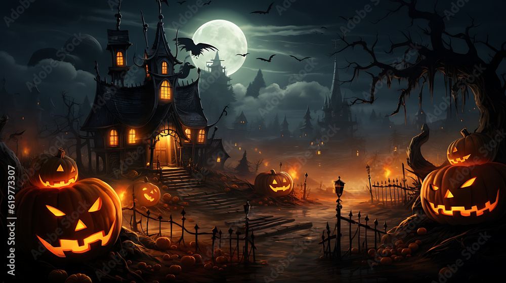Nightfall's Enchantment: Spooky House with Pumpkins, Moon, and More, Haunting atmosphere, Dark fantasy,  Generative AI, Generatieve, AI