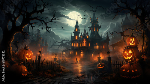 Nightfall's Enchantment: Spooky House with Pumpkins, Moon, and More, Haunting atmosphere, Dark fantasy, Generative AI, Generatieve, AI
