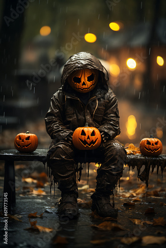 Solitary Nightmare: Scary Halloween Character Sitting alone on a bench in the rain outdoors. - Generative AI, Generatieve, AI