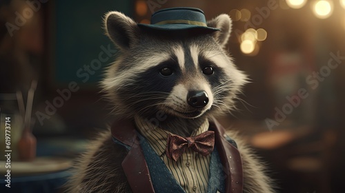 Adorable raccoon dressed in formal suit. Anthropomorphic raccoon wearing suit. Generative AI
