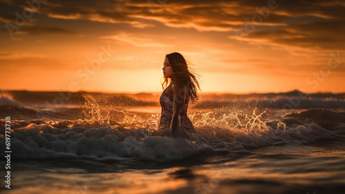 Beautiful Woman in Ocean Waves at Sunset. Young Girl Swimming at Sunny Tropical Sea Beach Water splash. Enjoying Summer and relaxing vacation holiday. Healthy lifestyle, Female in sexy swimwear bikini © Syntetic Dreams