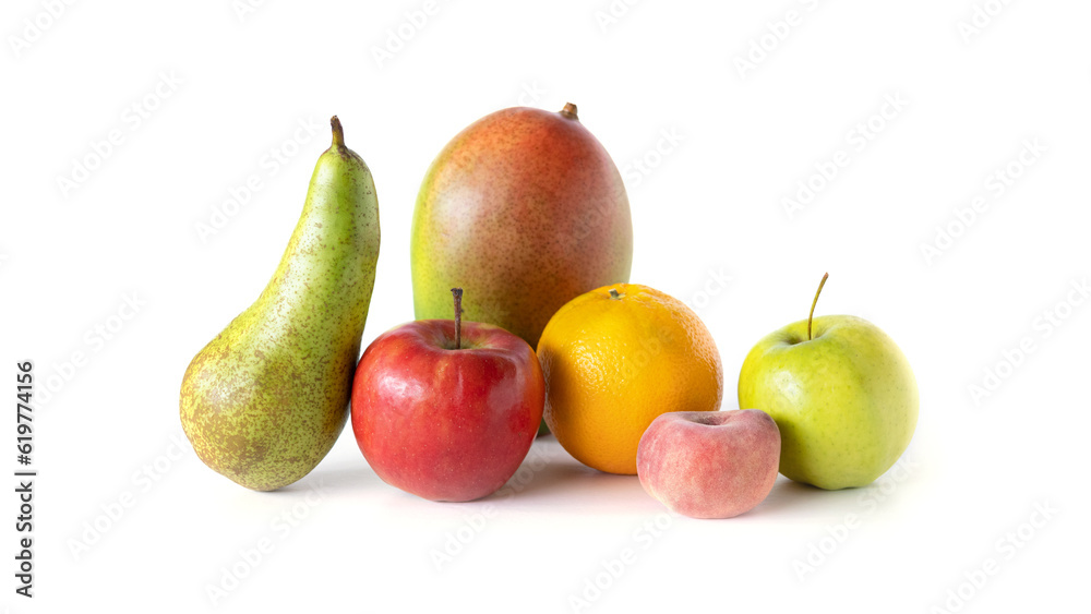 fresh fruit group - apple green and red, pear, mango and orange, lie on a white table, isolated fresh fruit group - apple green and red, pear, mango and orange, lie on a white table, isolated