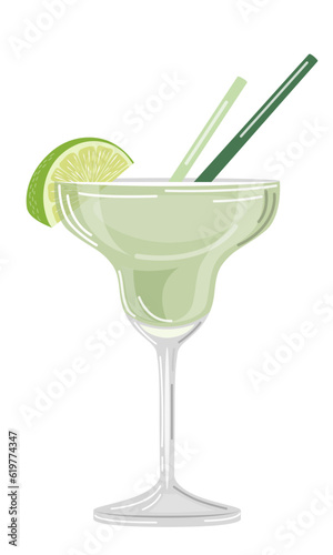 Vector illustration of a green cocktail with a slice of lemon and cocktail tubes on a white background in a flat style. Suitable for menu design, food stickers, scrapbooking.