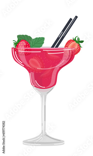 Vector illustration of a pink cocktail with a slice of strawberries, mint leaves and tubules on a white background in a flat style. Suitable for menu design, food stickers, scrapbooking.