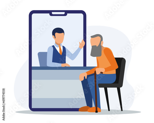 Money agent talking with old man. Talk with online bank manager. Modern finance management. Concept of digital bank services and communication. Vector flat illustration in blue and orange colors © ANDRII