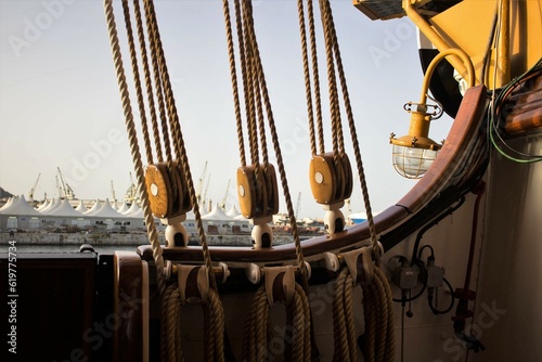 2022.07.06 Palermo, Amerigo Vespucci training ship, evocative image of the equipment
of the sailing ship on the deck photo