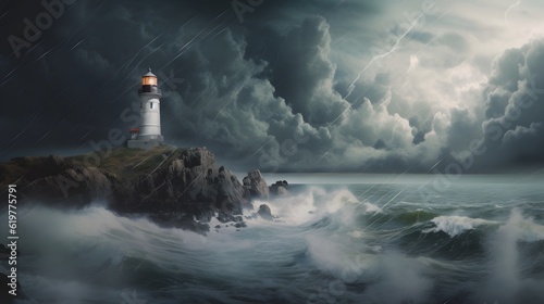 Spectacular lighthouse provide light during a large storm on the seashore.