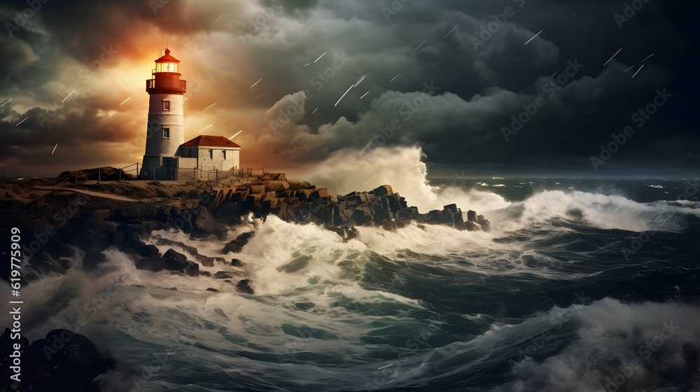 Spectacular lighthouse provide light during a large storm on the seashore.