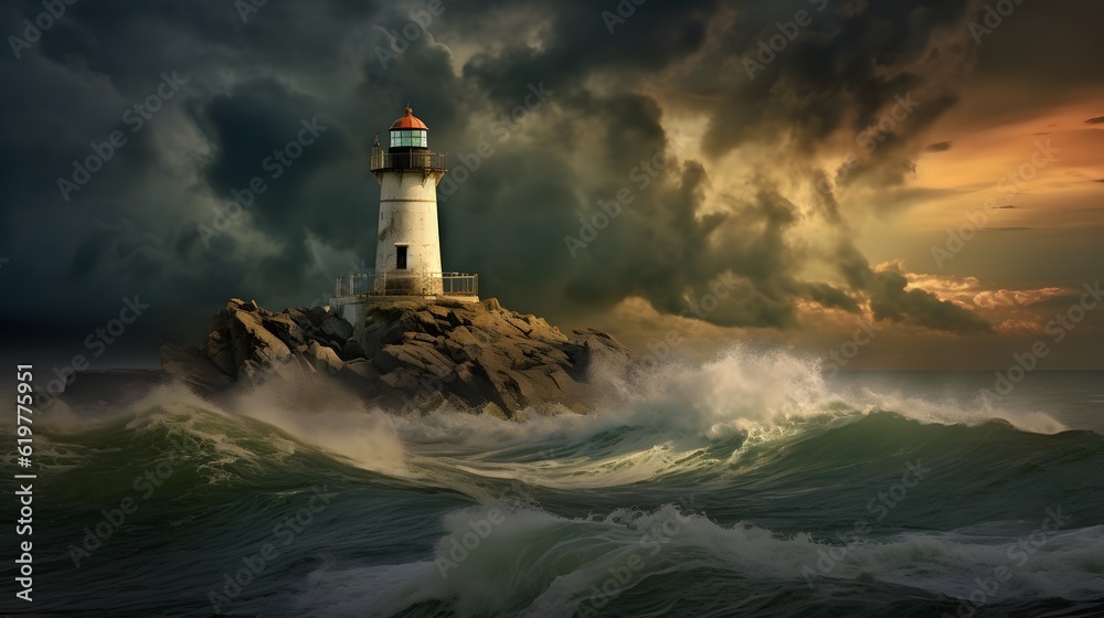 Spectacular lighthouse provide light during a large storm on the seashore.