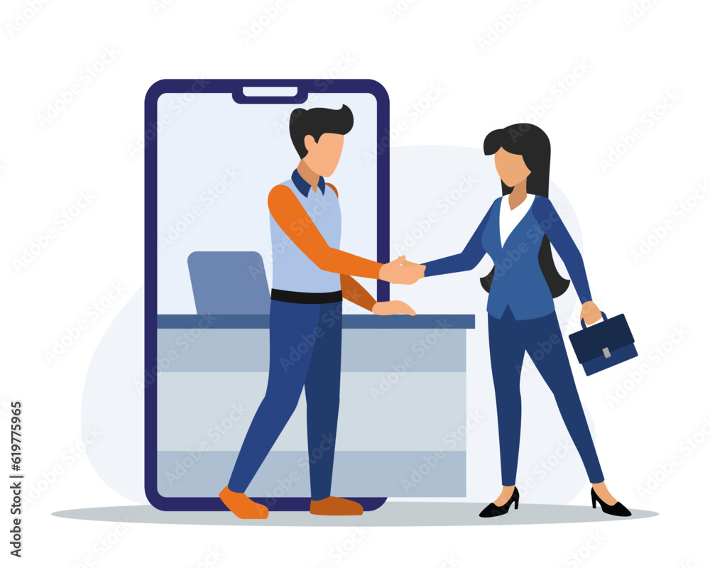 Man shaking hands to banking worker and talking with online bank managers. Modern finance management. Concept of digital bank services and communication. Vector flat illustration Man shaking hands to banking worker and talking with online bank managers. Modern finance management. Concept of digital bank services and communication. Vector flat illustration