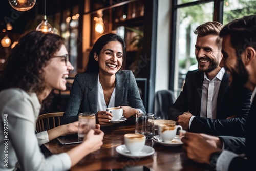 Business colleagues chatting together on coffee break at cafe.