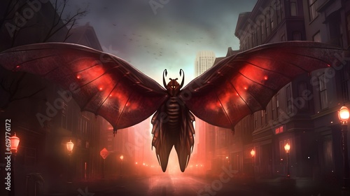 Mothman over the small American town. Illustration based on the urban legend of Point Pleasant.