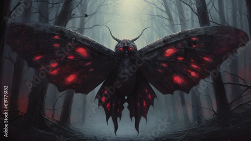 Mothman over the small American town. Illustration based on the urban legend of Point Pleasant.