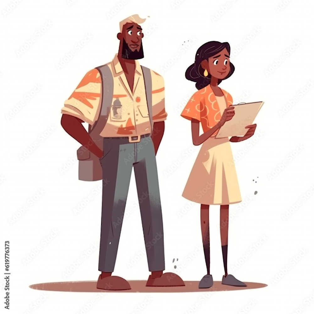 2 people casual standing diverse color, illustration simple cartoon vector graphic style, school, university, outdoor, conversation