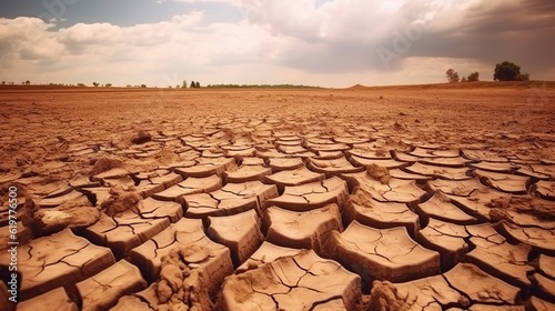 Global worming concept - cracked scorched earth soil drought desert landscape dramatic sky