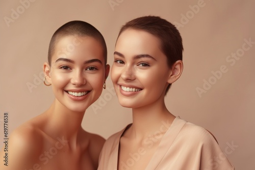 Portraits of two women with buzz cut hairstyle posing and looking at camera. photo