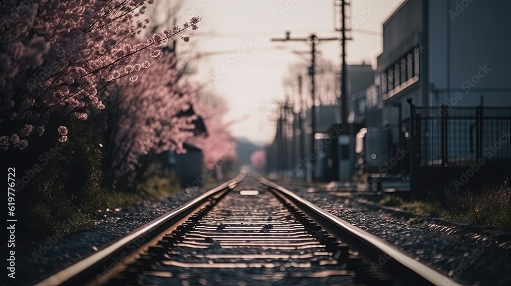 Railway surrounded by cherry blossoms. Generative AI