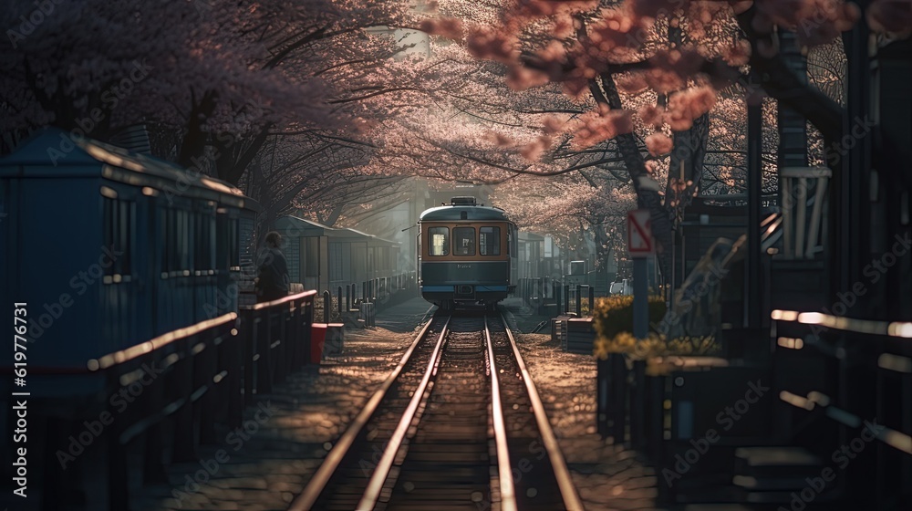 Naklejka premium Railway surrounded by cherry blossoms. Generative AI