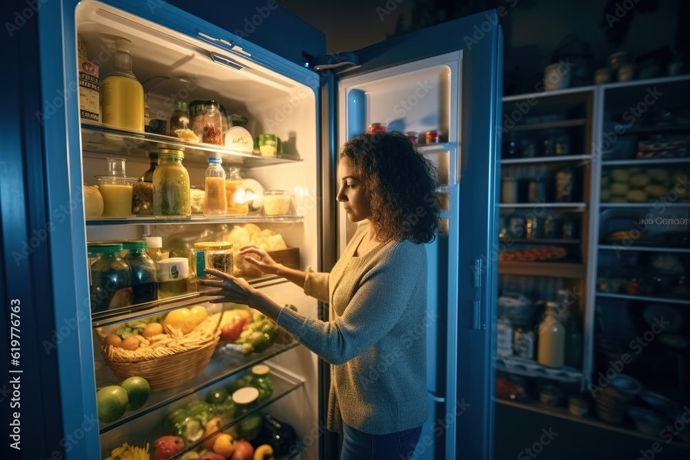 Beautiful young woman searching for food inside the fridge at night.