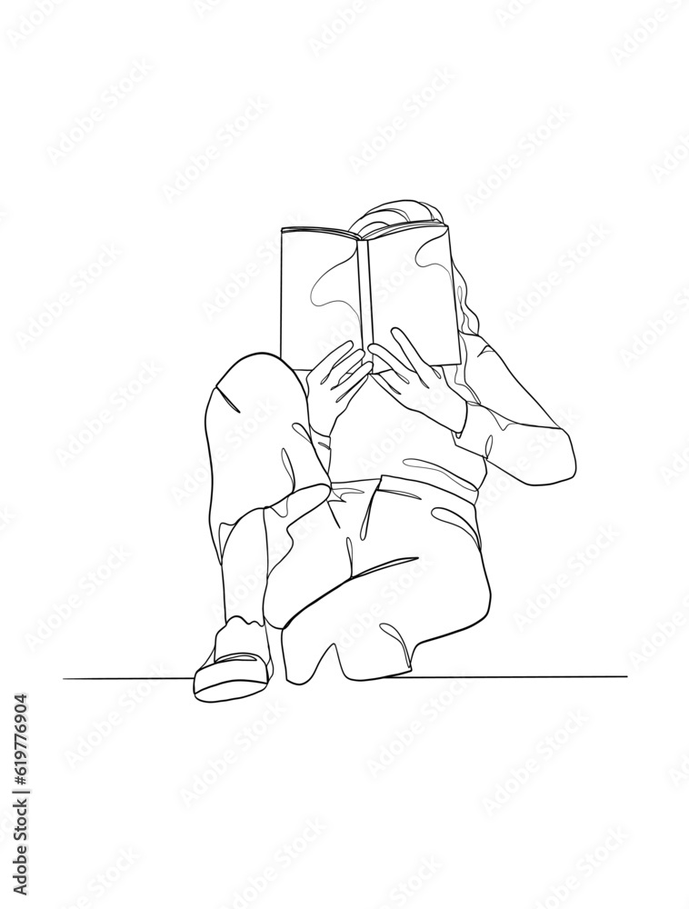 Continuous one line drawing of a woman reading a book. Vector illustration.