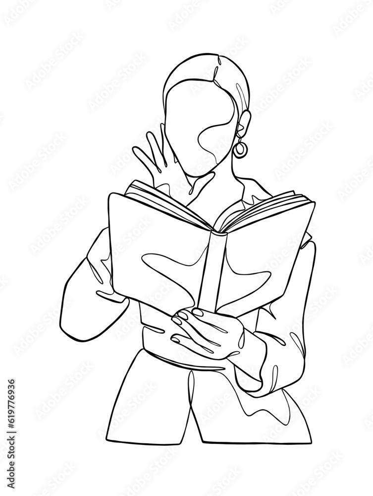 Continuous one line drawing of a woman reading a book. Vector illustration.