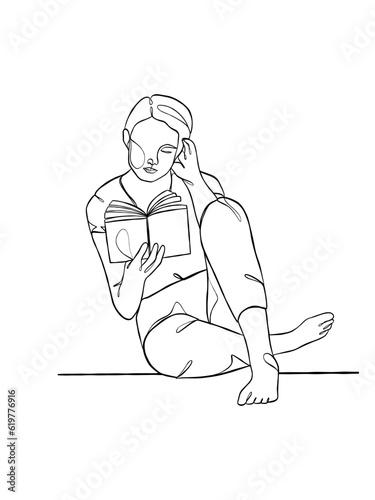 Continuous one line drawing of a woman reading a book. Vector illustration.