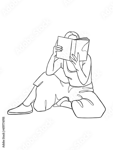 Continuous one line drawing of a woman reading a book. Vector illustration.