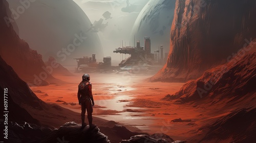 Person standing in front of landscape of planet Mars with mountains. Generative AI