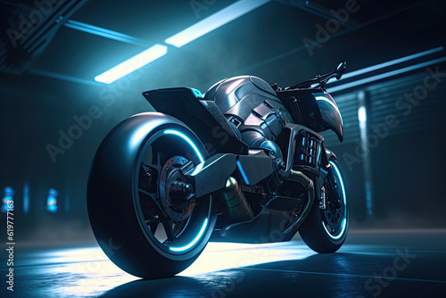 Generative AI of a brand-less generic concept motorcycle in neon light