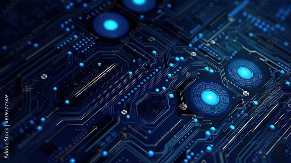 Dark blue color circuit board illustration with glowing lines, dots and lighting chips. Abstract tech background.