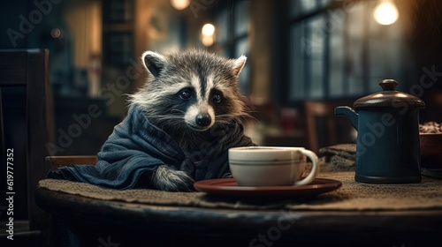 Baby raccoon in blue cape. Cute raccoon at the table. Generative AI © Soulmate
