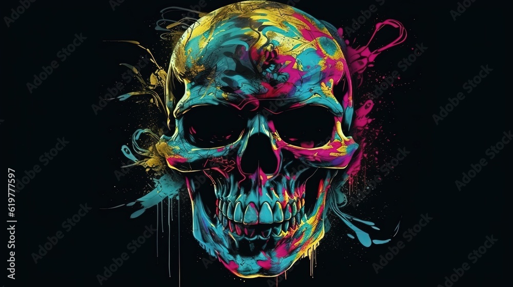 Colorful skull on black background created with Generative AI