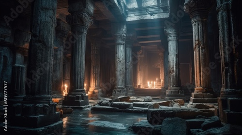 Underground dark temple. Cavern with columns. Created with Generative AI