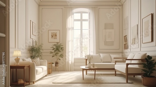 White cozy living room with sunlight. Created with Generative AI  © Soulmate