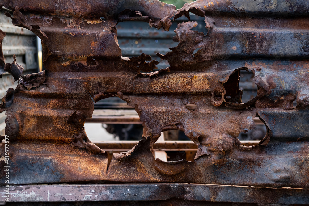 Close up of 
destroyed military vehicle