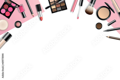 Vector make-up background with space for your text and cosmetic tools on white background from top view