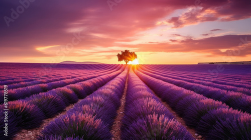 amazing landscape of lavender field at sunset with solitary tree