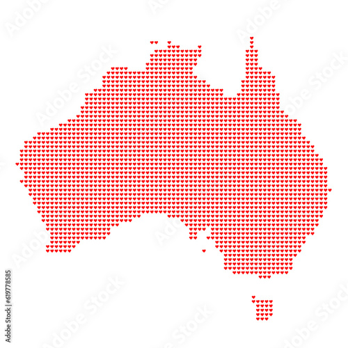 Map of the country of Australia with heart emoticons on a white background