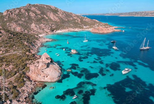 Panorama di Cala Corsara isola di Spargi nell'arcipelago della Maddalena in Sardegna. La ripresa aerea del drone riprende anche la spiaggia di Cala Connari oltre al suggestivo scoglio della strega photo