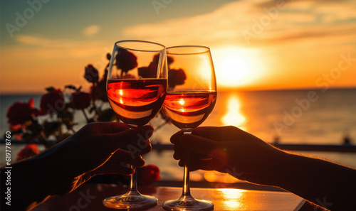 couple toasting with wine viewing the sea at sunset