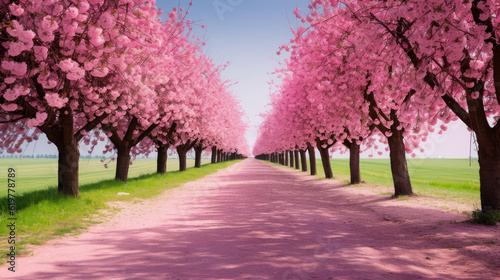 pink cherry trees and path