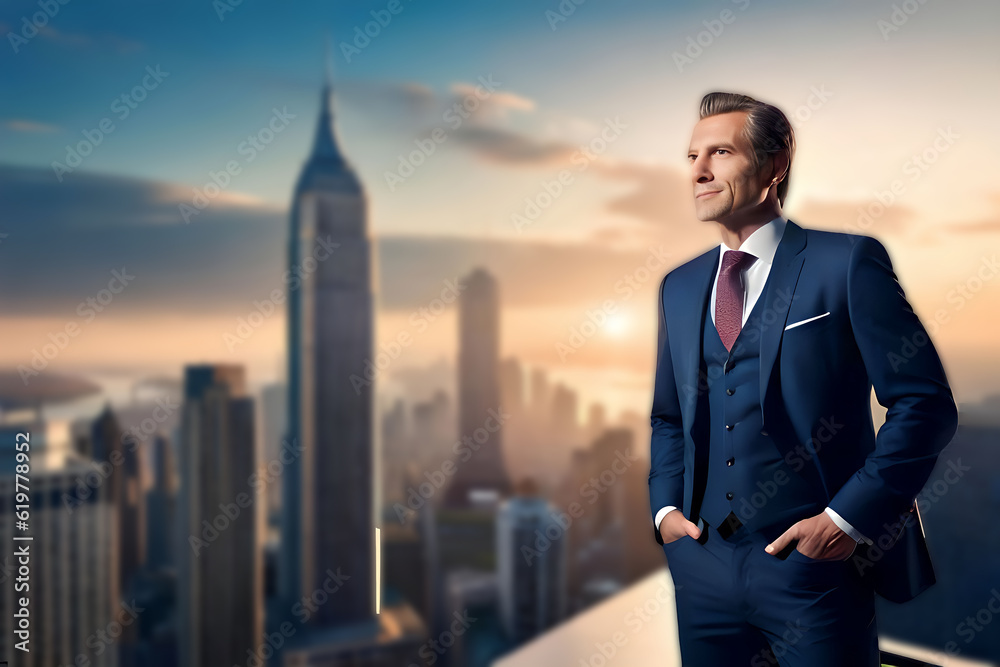 Happy wealthy rich successful business man standing in big city modern skyscrapers street on sunset thinking of successful future vision, dreaming of new investment opportunities. Generative AI Happy wealthy rich successful business man standing in big city modern skyscrapers street on sunset thinking of successful future vision, dreaming of new investment opportunities. Generative AI