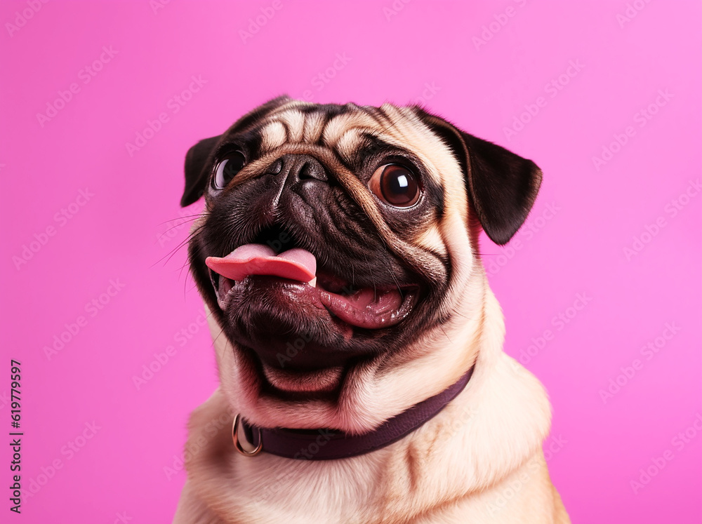 Dog pug,winks,with a big smile, sitting on a white background, generative Ai.