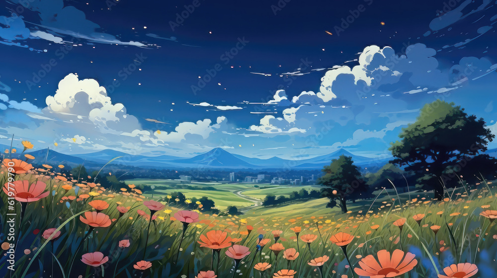 Digital anime style art painting of flowers landscape with  cloudy sky