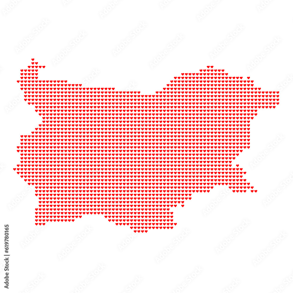 Map of the country of Bulgaria with heart emoticons on a white background