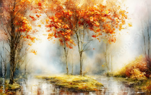 An autumn trees with orange leaves in the rain  Oil painting style illustration. Generative Ai.