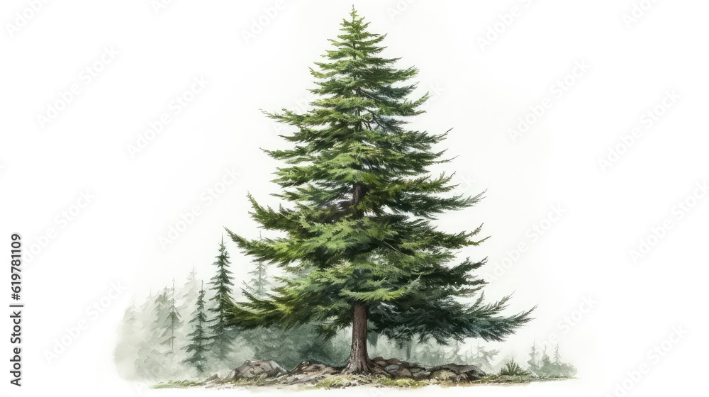 A stately fir tree watercolor illustration - Generative AI. A stately fir tree watercolor illustration - Generative AI.