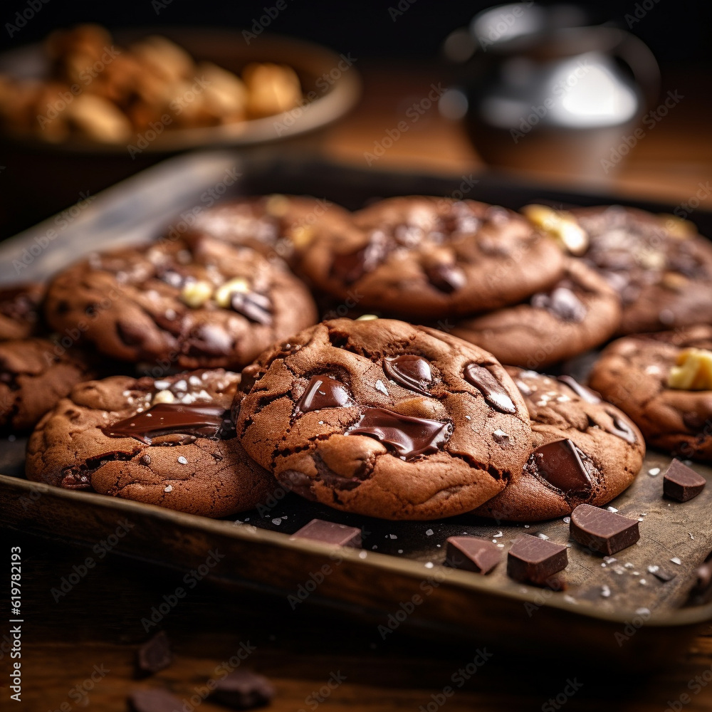 chocolate cookies on tray closed up and selective focus. generative AI